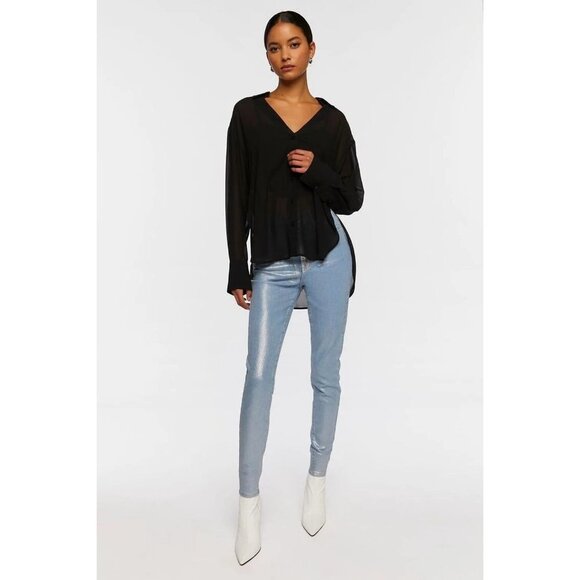 NWT Forever 21 Semi-Sheer V-Neck Shirt Size S Color‎ Black - Picture 4 of 8